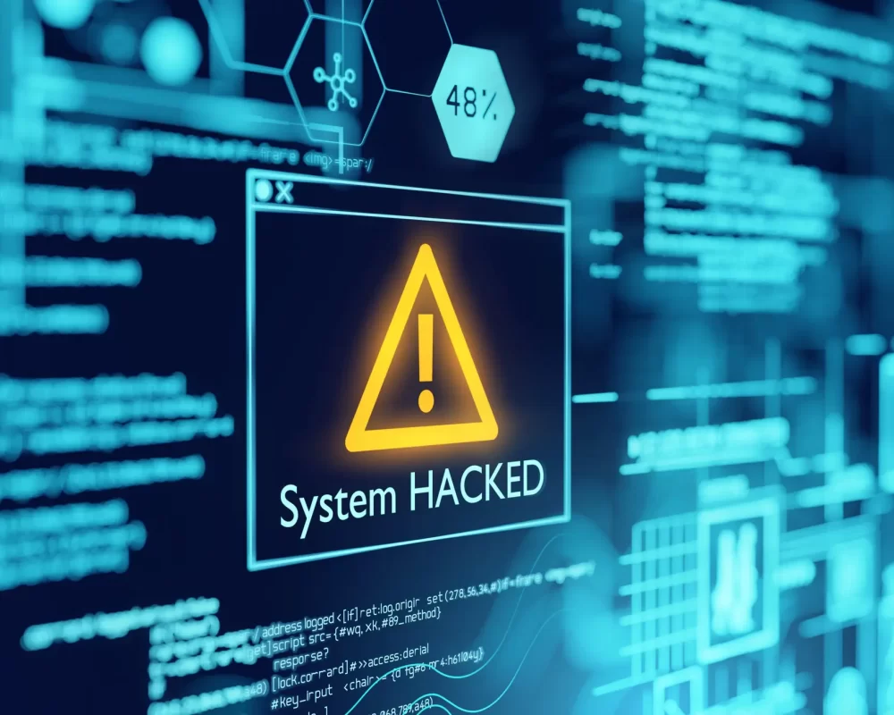 A computer popup box screen warning of a system being hacked, compromised software enviroment. 3D illustration.